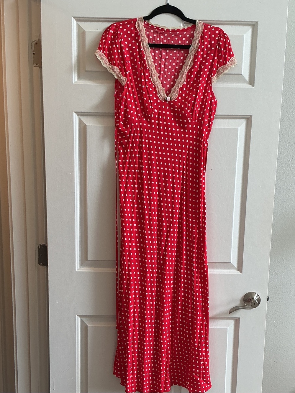 Commense Red Polka Dot Midi Dress with Cream Lace Trim
